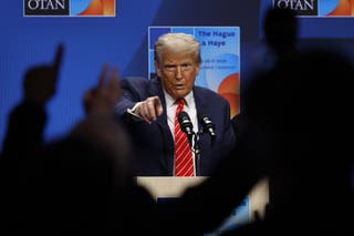 US president Donald Trump takes questions during a news conference following the 2025 Nato Summit in The Hague